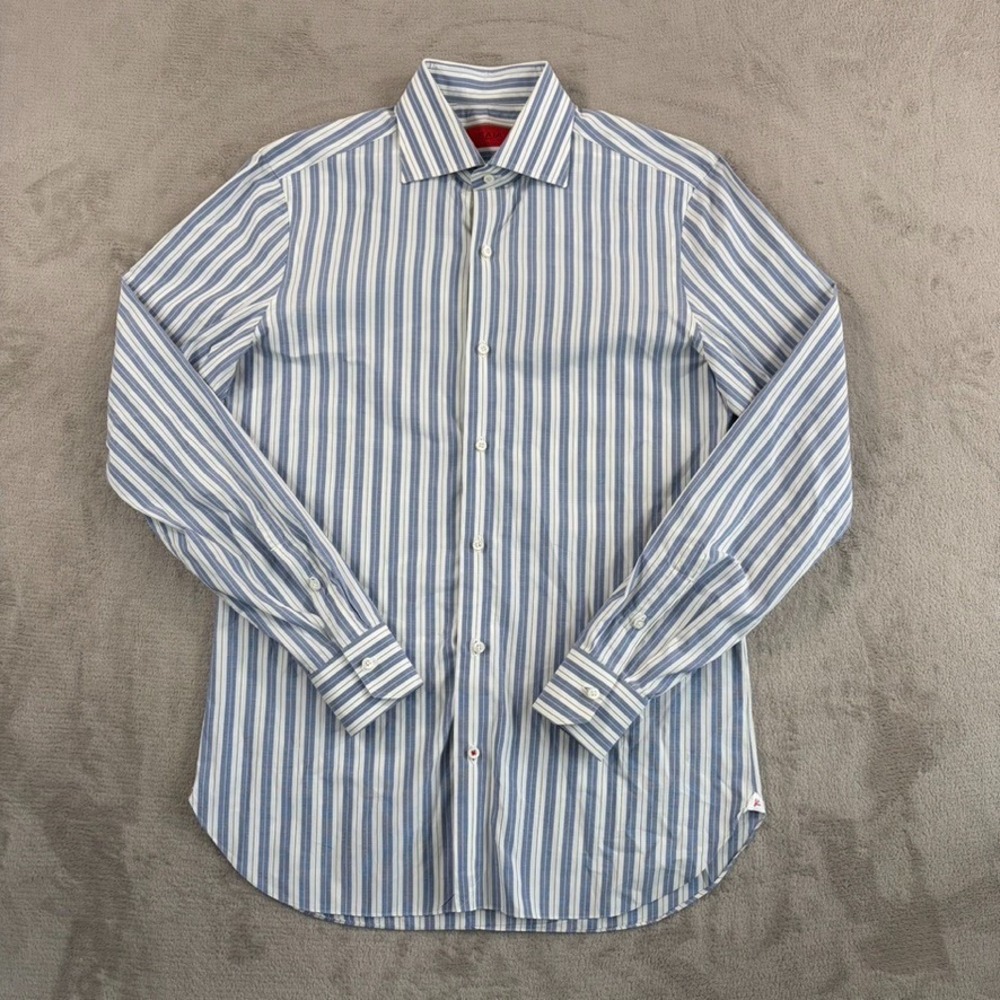 Isaia Napoli Dress Shirt Men 15.5 39 Blue White Stripe Cotton Made in Italy $495